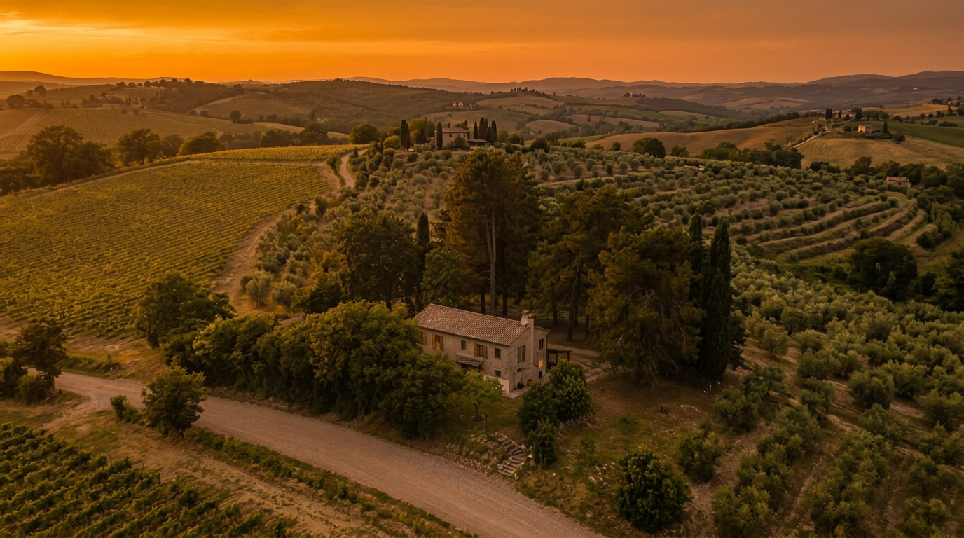 Olive trees and Italian countryside at sunset