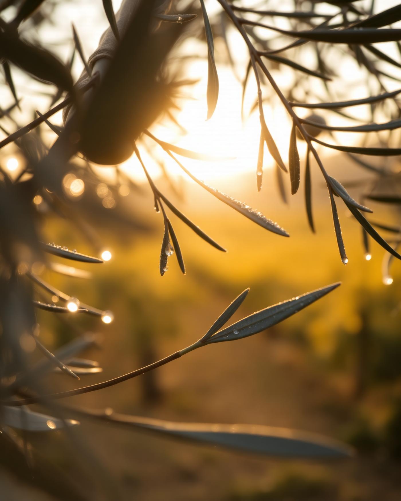 Morning light through olive branches